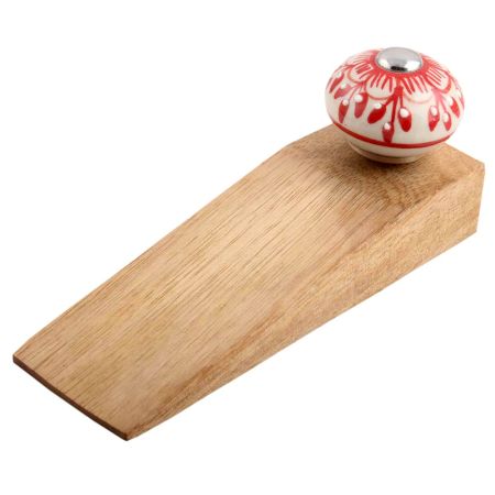 Red Zinnia Flower Ceramic Wooden Door Stopper